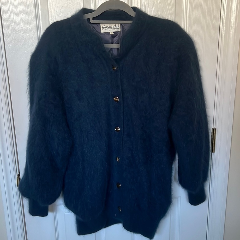 JESSICA ASH Vtg Fully Lined High Quality 90% Angora Blue Cardigan Sweat…
